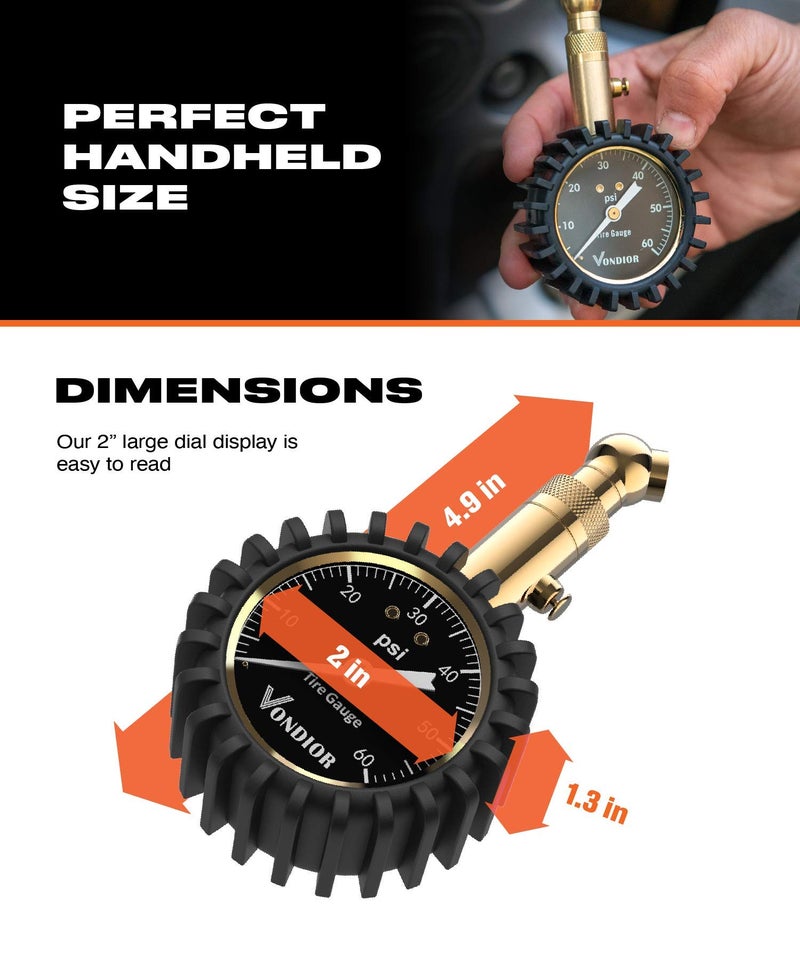 Vondior Tire Pressure Gauge - (0-60 PSI) Heavy Duty, Certified ANSI Accurate with Large 2 Inch Easy to Read Glow Dial, Low - High Air Pressure Gauge. Tire Gauge for Car and Trucks Tires by Vondior - Image 4